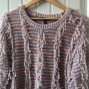 Tribal Womens Pink Multicolored Fringe Sweater Boho Long Sleeve Pullover